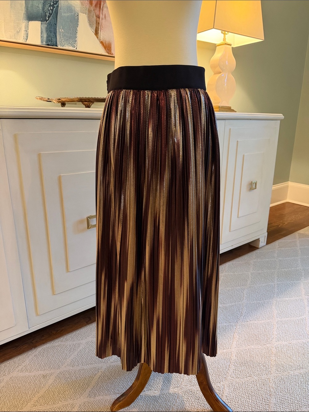 Alice and Olivia Pleated Metallic Stripe Maxi Skirt in Brown and Gold